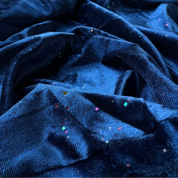 Sparkly Dark Blue Velvet Deep V High Slit Midi Dress Long Sleeve - Picture 7 of 11